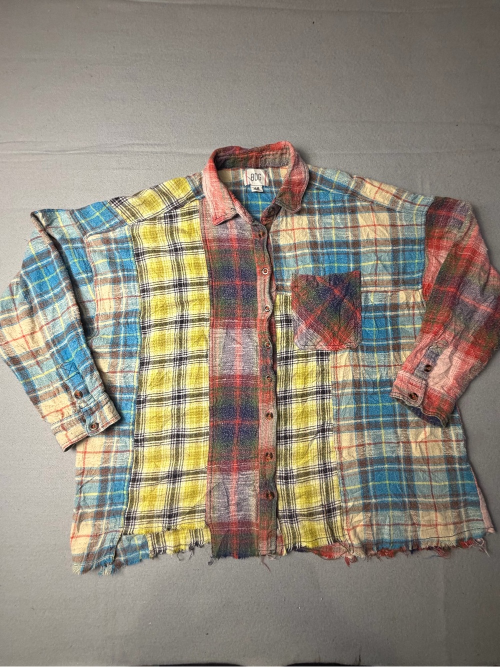 BDG Multicolor Plaid Patchwork Button-Down Shirt in Blue, Yellow & Red oversized